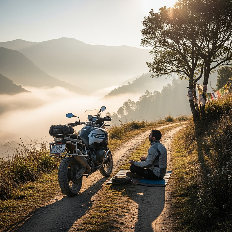 Man by his motorcycle in a state of zen